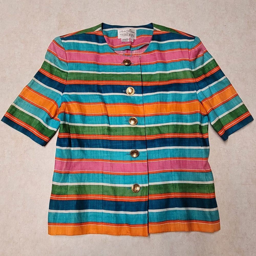Vtg Rickie Freeman for Teri Jon Blouse Womens 12 Multicolor Striped Gold Buttons